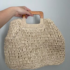 Cream Woven/Rattan/Straw Bag with Wooden Handle